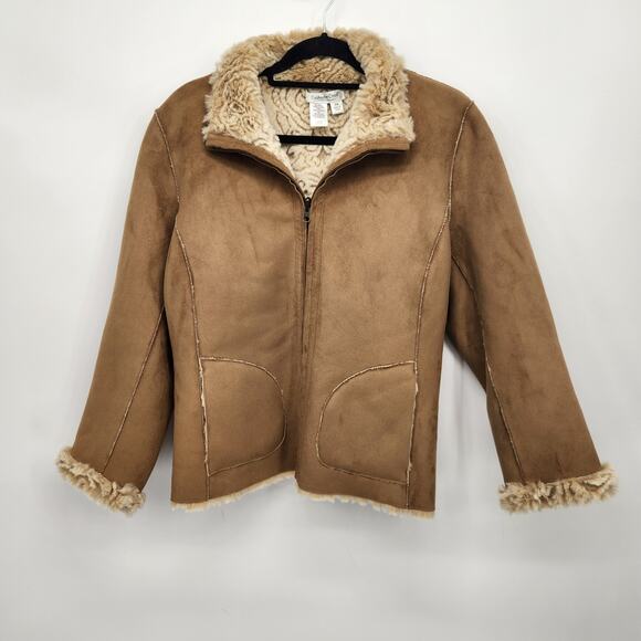 Coldwater Creek Petite Reversible Faux Suede Faux Fur Zip up Jacket Women's PM - Picture 1 of 12